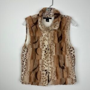 Cejon Faux Fur Mixed Animal Print Satin Lined Vest with Pockets Size S